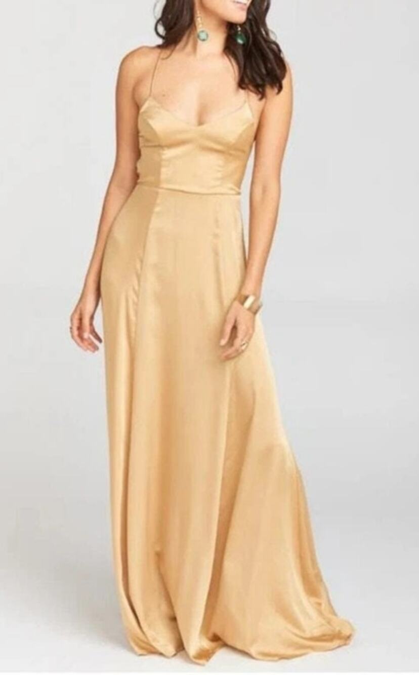 NWT Show Me Your Mumu Godshaw Goddess Gown Gold Satin Maxi Dress Size S Small
